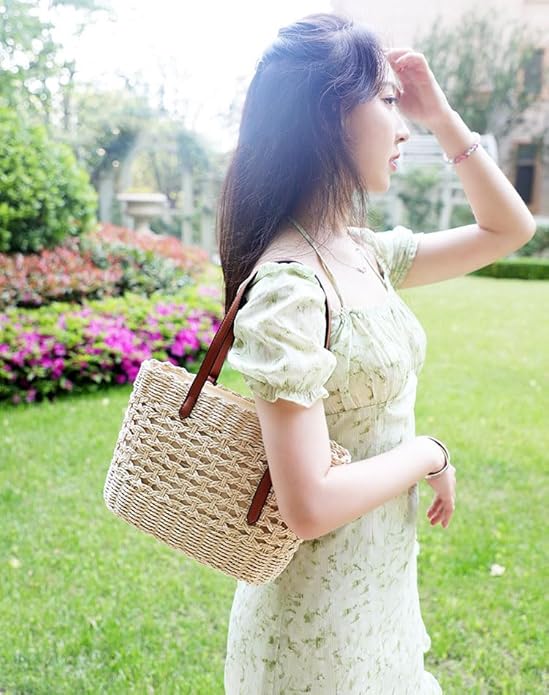 Womens Straw Tote Handbag - Summer Beach Bag with Top Handle - Handwoven Shoulder Bag - 2024
