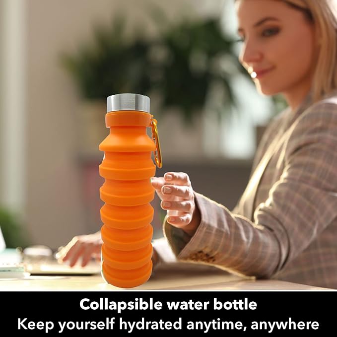 Collapsible Water Bottle (Orange) - Reusable, BPA Free, Silicone, Foldable Portable & Leak Proof - Water Bottles for Travel Gym Camping Hiking - Sports Water Bottle with Carabiner
