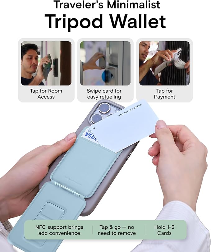 MOFT Phone Tripod Wallet for iPhone, Mulit-Angles, Lightweight Phone Stand, MOVAS Vegan Leather Magnetic Wallet, Strong Magnets, NFC Card Holder, Travel Essential, Soothing Mist (with Card Slot)