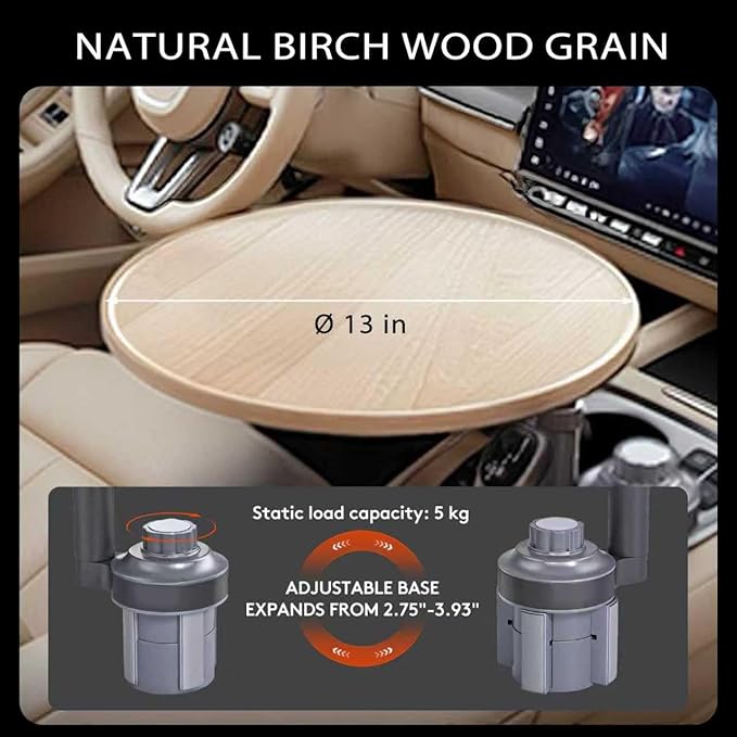 Car Desk for Laptop & Car Table Tray, Height-Adjustable 360° Rotating Wood Car Laptop Mount, Cup Holder Table, Steering Wheel Tray, Compatible with Tesla & Most Vehicles