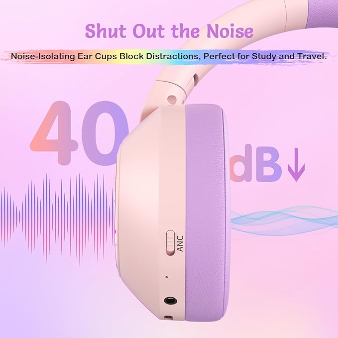Noise Cancelling Headphones for Kids,Colorful RGB LED Lights, 60H Playtime, Bluetooth 5.4 Wireless Over-Ear Headset Built-in Microphone for Home/School/Party- Includes Portable Case(Pink)