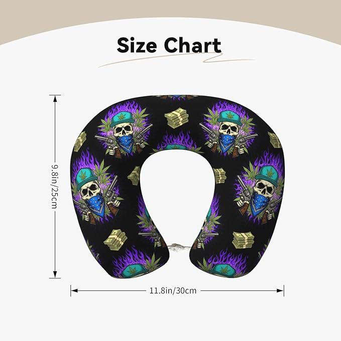 Travel Pillow Chin Neck Support, Comfortable Airplane Car Pillows for Rest, Memory Foam U Shaped Office Home Nap Sleeping Cushion Purple Fire Weedleaf Dollars Skull Skeleton