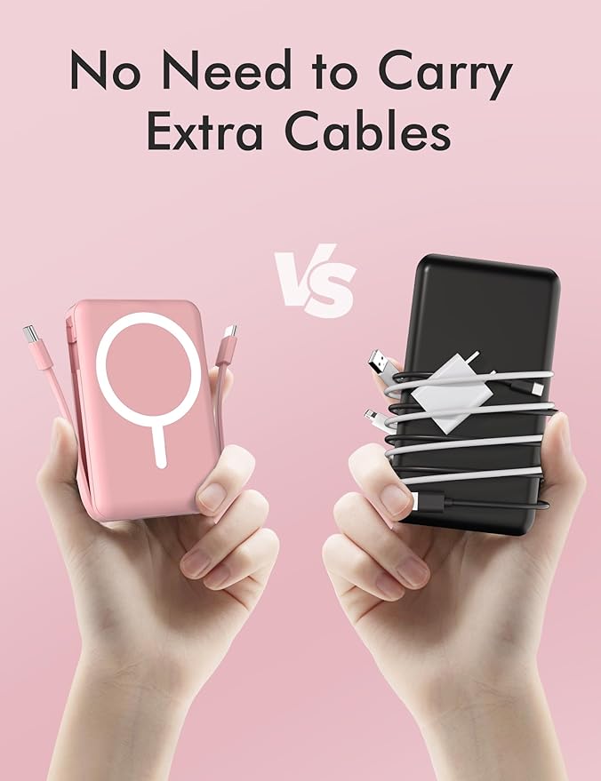 podoru for Magsafe Battery Pack, 10000mAh Magnetic Power Bank Built-in Double USB C Cables 22.5W PD Fast Charging LED Display Wireless Portable Charger for iPhone 17/16/15/14/13/12 Series-Pink