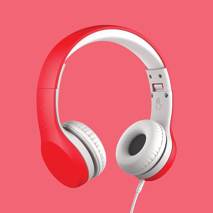 LilGadgets Connect+ Foldable Headphones, Adjustable Fit Soft Touch Padding for Kids with Mic, Volume-Limited & Noise Reduction On-Ear Wired Headset for School with SharePort - Red, Ages 3-14