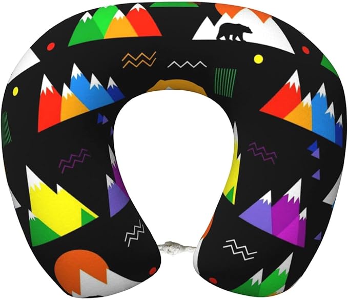 Comfortable Memory Foam Neck Pillow Colorful Mountain Bear Black, Travel U Shaped Airplane/Car/Flight Pillows with Removable Zipper Cover, Chin Head Neck Support Cushion