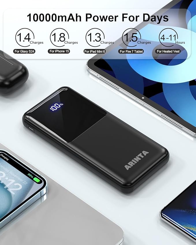 Power Bank Portable Charger 10000mAh PD 22.5W, Battery Pack for Heated Vests & Jackets, LED Display & USB-C in/Out, Travel Essentials, Compatible for Smartphones, Tablets & More (Black)