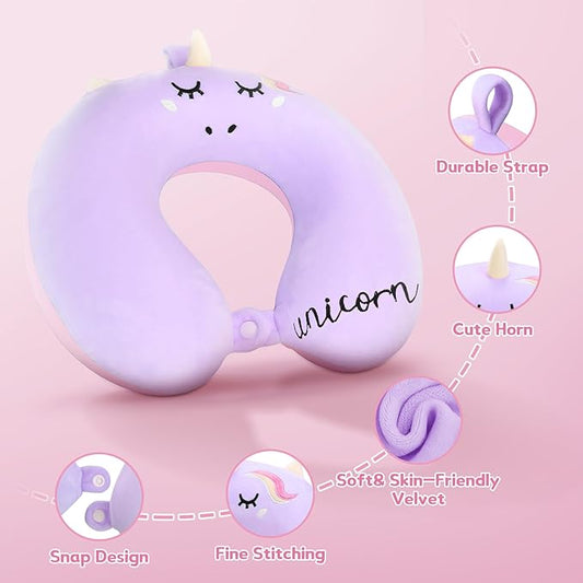 Kids Neck Pillow for Traveling, Unicorn Kids Travel Pillow with Eye Mask, Toddler Travel Essentials for Road Trip Airplane Flight Car Seat, Cute Cartoon Headrest Memory Foam Pillows Gift for Girl Boy