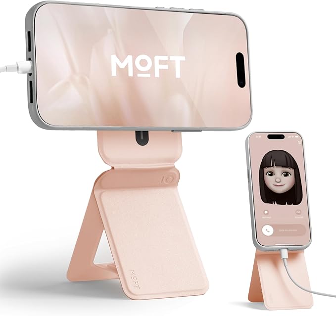 MOFT Phone Stand, Magnetic Phone Tripod Stand Stain-Resistant MOVAS Leather & Angle Adjustment & Strong Magnets Tripod for iPhone 17/16/15/14/13/12 (Included Metal Ring)-Peach Pink