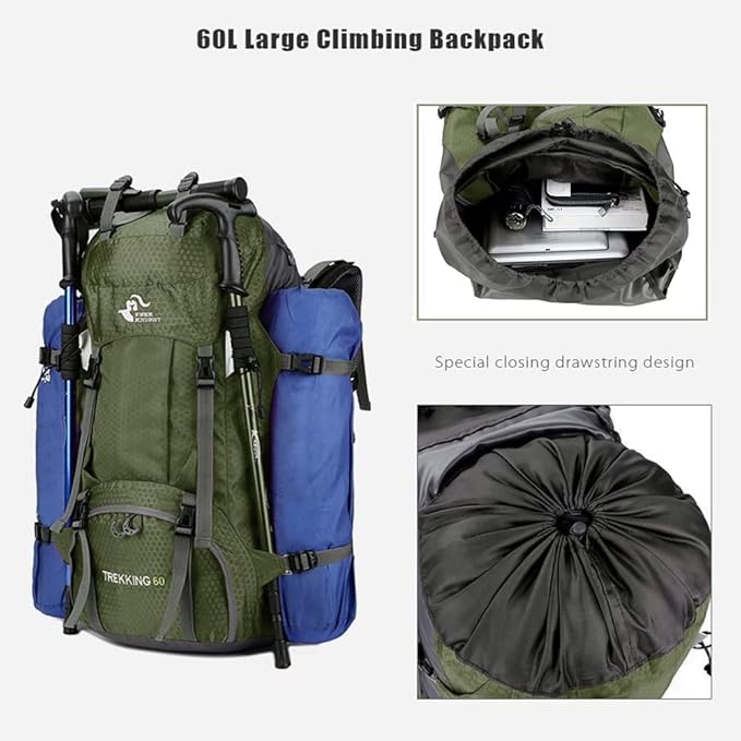 Bseash 60L Waterproof Hiking Camping Backpack with Rain Cover, Large Outdoor Sport Travel Daypack Rucksack for Climbing
