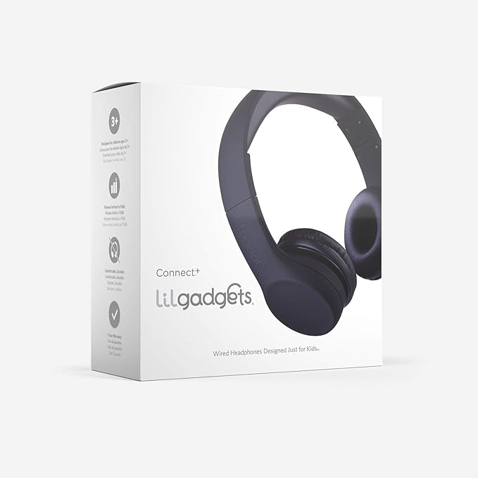 LilGadgets Connect+ Foldable Headphones, Adjustable Fit Soft Touch Padding for Kids with Mic, Volume-Limited & Noise Reduction On-Ear Wired Headset for School with SharePort - Black, Ages 3-14