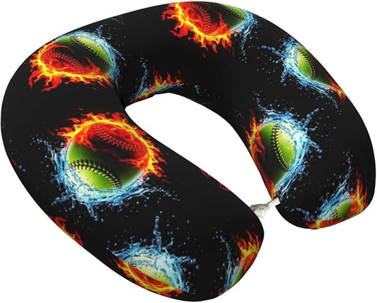 Comfortable Memory Foam Neck Pillow Ice Water Fire Flame Softball Baseballs, Travel U Shaped Airplane/Car/Flight Pillows with Removable Zipper Cover, Chin Head Neck Support Cushion