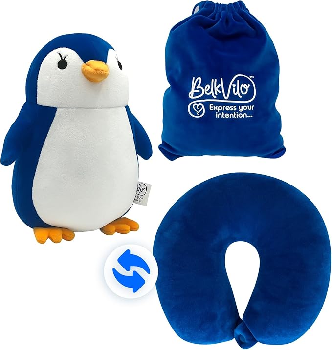Belkvilo.2 in 1 Plush Penguin and Pillow Travel. Kids Travel Neck Pillow (Small Size 9 in) Color King Blue Soft & Supportive for Airplane, Car & Stroller Age 3, Made Extra Soft Short Plush