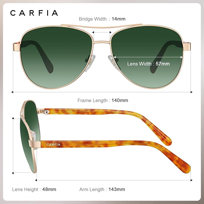 CARFIA Retro Trendy Pilot Sunglasses for Women Polarized UV Protection, Lightweight Outdoor Driving Lady Sunnies Metal Frame
