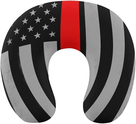 Women’s Travel Pillow U-Shaped Memory Foam Neck Rest, American Fire Fighter Thin Red Line Flag Art U-Shape, Washable Airplane Car Support