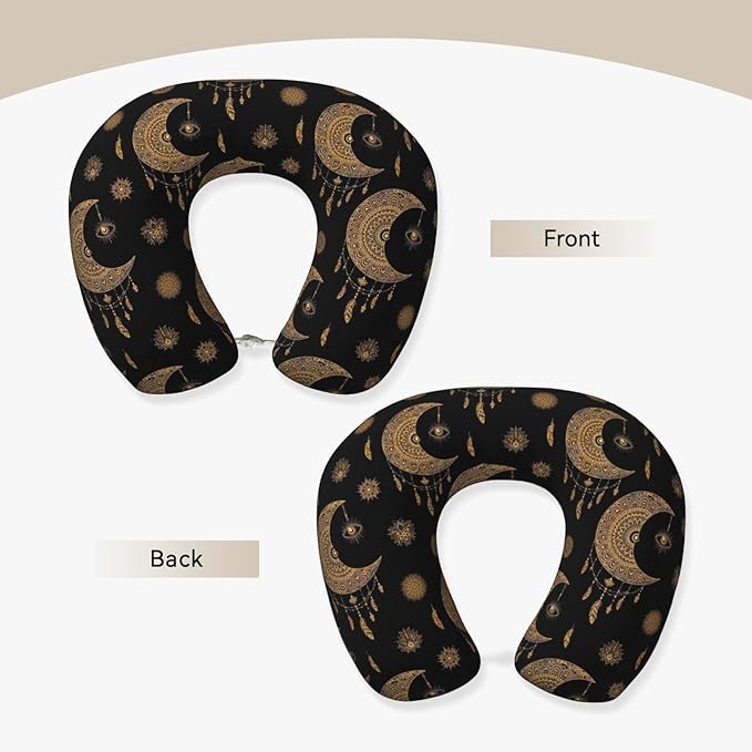 Comfortable Memory Foam Neck Pillow Mandala Boho Crescent Moon Sun Dream Catcher, Travel U Shaped Airplane/Car/Flight Pillows with Removable Zipper Cover, Chin Head Neck Support Cushion