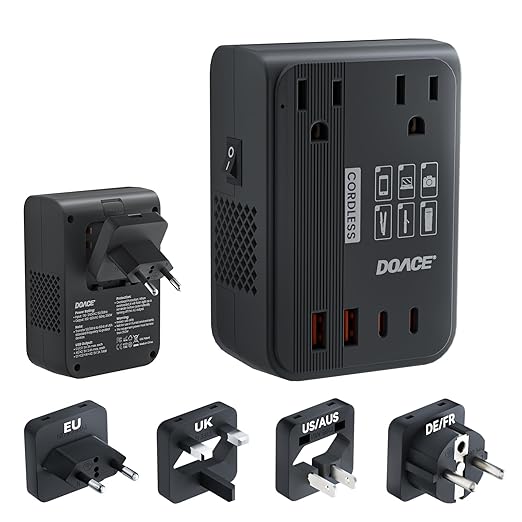 DOACE 220V to 110V Converter 350W Voltage Converter US to Europe for Hair Straightener/Curling Iron Converter for European Travel with 4-Port USB Charging and UK/AU/US/EU Worldwide Plug Adapter