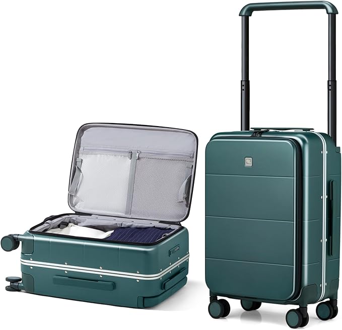 Hanke Top Opening Carry On Luggage, 20 Inch Zipperless Aluminum Frame Wide Handle Luggage, All-PC Hard Shell Trunk Suitcase with Spinner Wheels, TSA Airline Approved (Blackish Green, 40L)