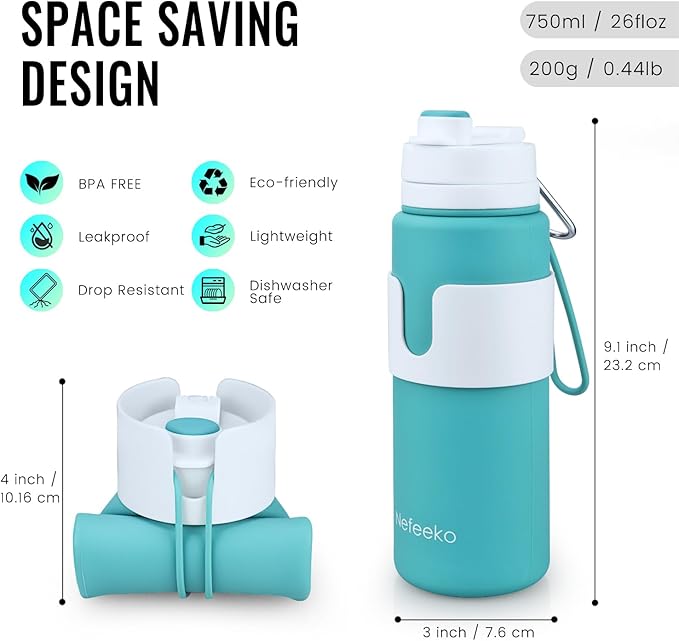 Nefeeko Collapsible Water Bottle, BPA Free 26oz Foldable Water Bottle for Travel Sports, Leak-Proof Spill-Proof Portable Water Bottles with Carabiner, Lightweight