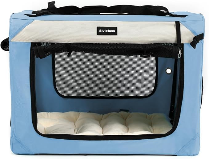 Large Cat Carrier Collapsible Travel Dog Crate Portable Soft-Sided Pet Kennel with Super Soft Warm Plush Pillow for Indoor and Outdoor 24x16x16in,Sky Blue