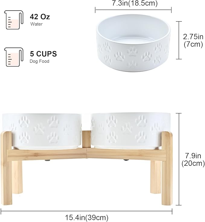 SPUNKYJUNKY Elevated Dog Bowls Ceramic, 7.3'' Dogs Food Water Bowls Raised with Non-Slip Bamboo Stand for Medium to Large Sized Breed Microwave Dishwasher Safe - 42 OZ,Paw White