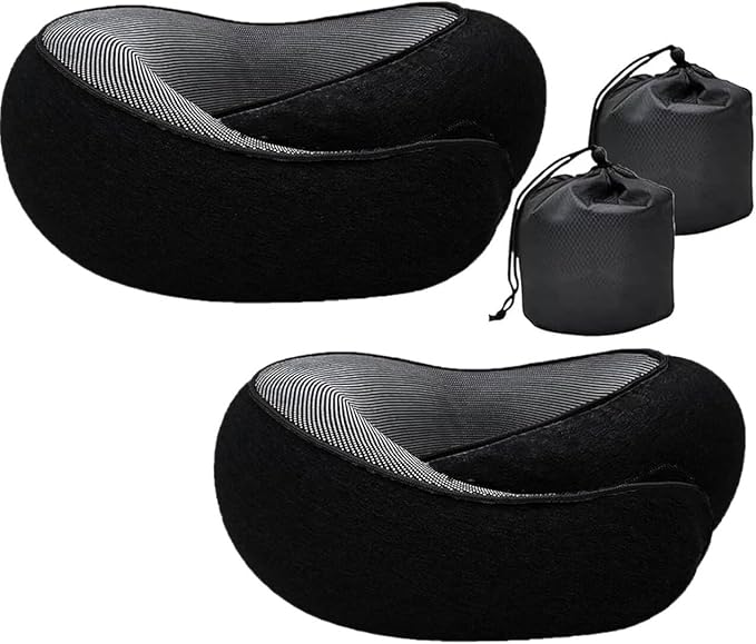 RURING Travel Pillows for Airplanes, Travel Neck Pillow Travel Pillow, Neck Pillow Airplane Memory Foam 360 Degree Support Stowable Pillows for Airplanes Offices and Cars 2PCS (Black)