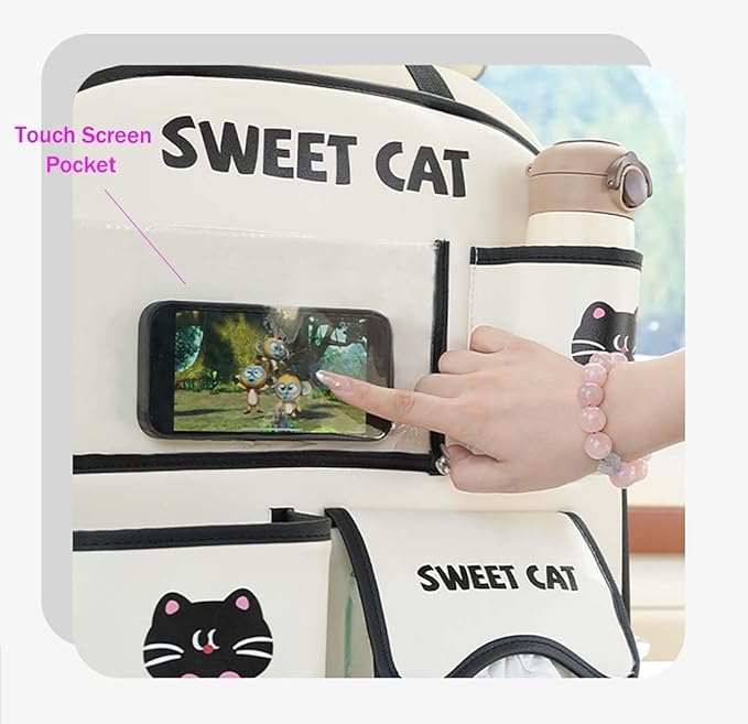 YUNZLAN Leather Backseat Car Organizer, Kick Mats Back Seat Protector with Touch Screen Tablet Holder Back Seat Organizer for Kids with 4 Storage Pockets Travel Accessories (BeigeBlackCat)