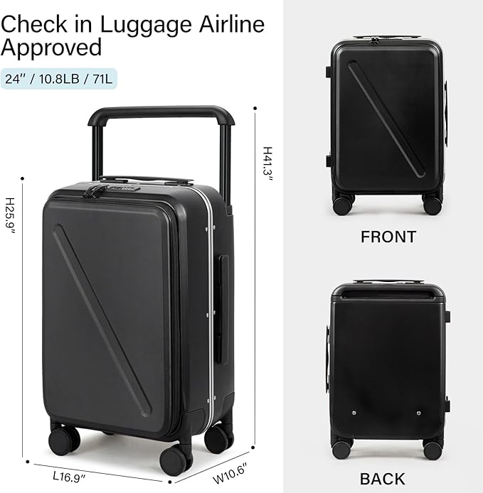MILADA Wide Handle Luggage with Front Pocket Hardshell Aluminium Check In Suitcase with Wheels Medium 24 Inch Front Opening Checked Luggage with Spinner Wheels TSA Lock Airline Approved Luggage, Black