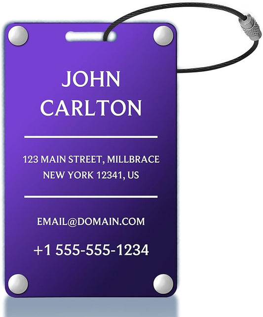 Personalized Luggage Tags for Suitcases - Aluminum Custom Luggage Tags for Backpacks & Bags, Sturdy, Waterproof & Heavy Duty (Purple/Card-Sized)