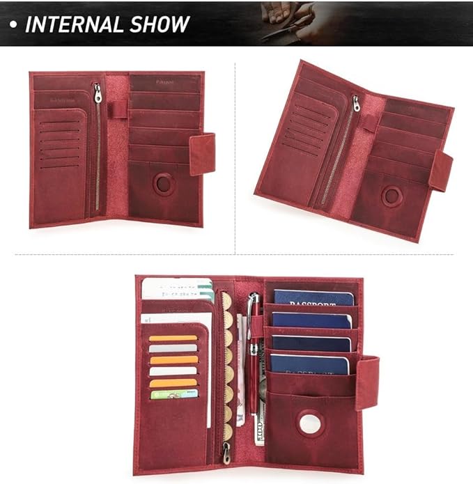 Unisex Genuine Leather Wallet Retro Crazy Horse Leather RFID Blocking Family Travel Passport Holder Slot (Red)