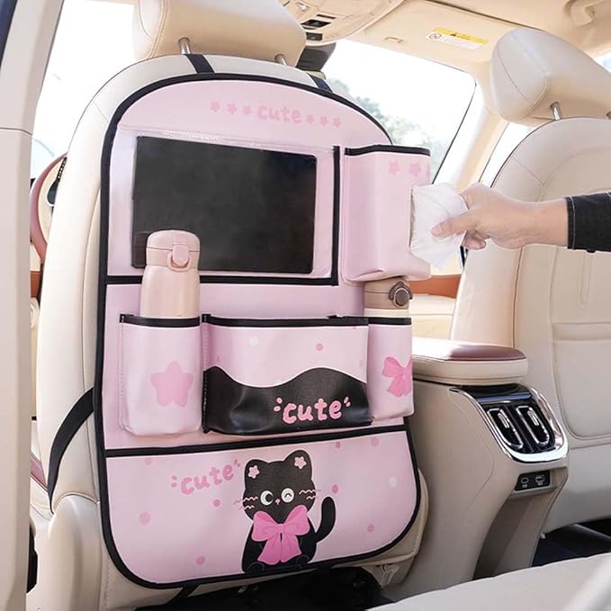 YUNZLAN Pink Black Backseat Car Organizer, Leather Kick Mats Back Seat Protector Organizer with Touch Screen Tablet Holder for Kids Travel Accessories