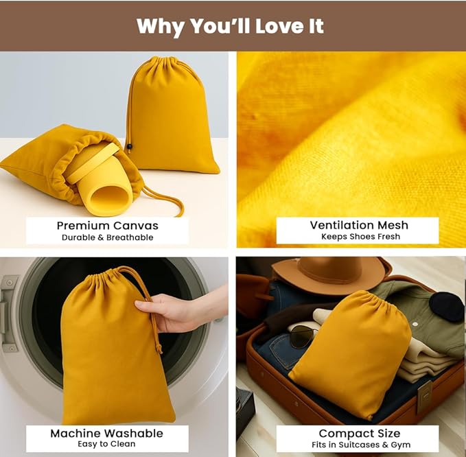 LFH Cotton Rich Shoe Storage Bags with Drawstring, Dustproof Breathable Reusable Organizer, Perfect For Travel, Dorm, Hotel, College, Gym, Easy to Carry, Machine Washable 8"x17" (Pack of 6) - Golden