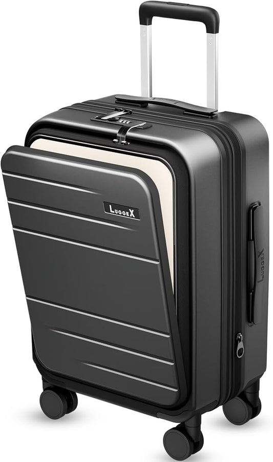 LUGGEX Carry On Luggage 22x14x9 Airline Approved, FLO5 Expandable Polycarbonate Suitcase with Front Pocket (FX-Core, Black, 20 Inch)