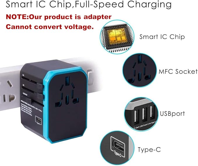 International Adapter for Travel, Universal for Selective Dual Voltage Hair Dryer, Straightener, All USB Devices Phones, Worldwide Charger Plug 5 Fast USB 8A AC Outlet UK European Asia 200+ (Blue)