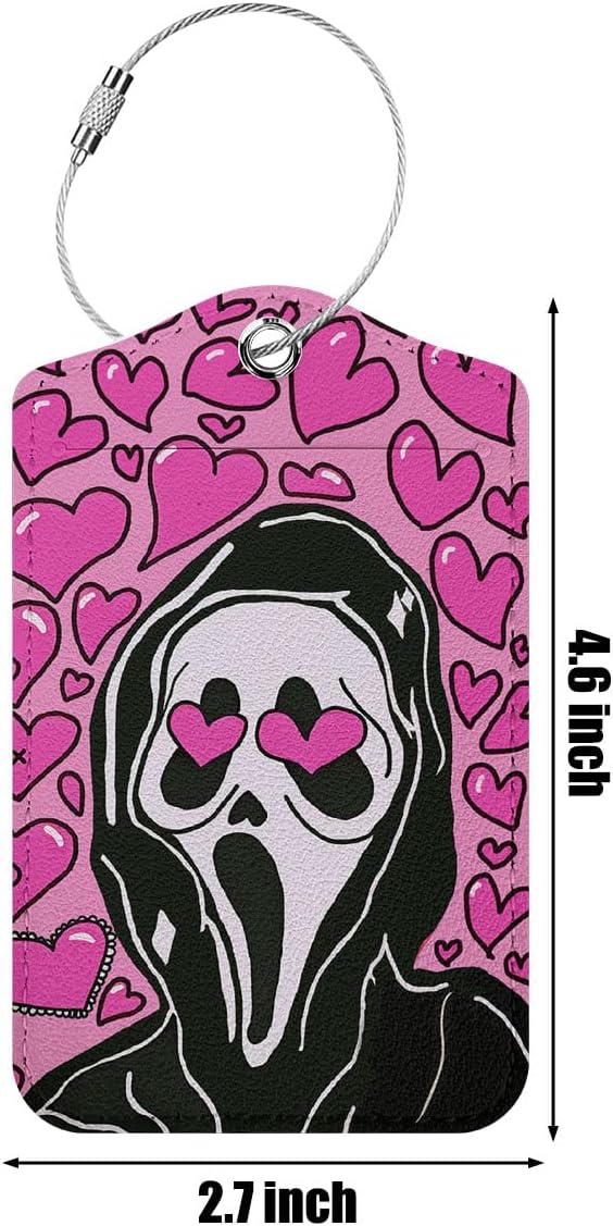 2 Pcs Funny Horror Movie Luggage tag, Pink Suitcase Tags with Privacy Flap and Metal Loop, Ghost Spooky Movie Fans Luggage Tags for Suitcases, Identifiers Travel Essentials Bag Tags for Luggage