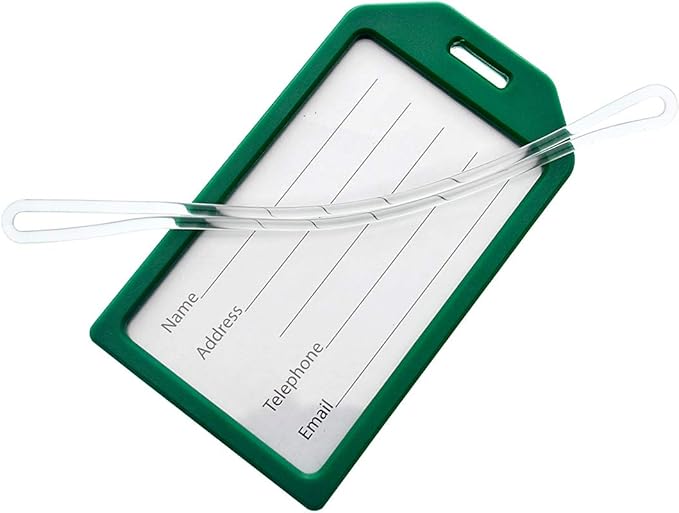 5 Pack - Premium Rigid Airline Luggage Tag Holders with 6" Worm Loops - Heavy Duty Hard Plastic -Suitcase ID Tag Identifiers with Business Card Insert Window by Specialist ID (Green)