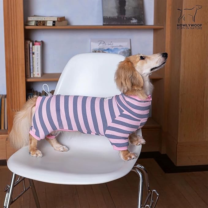 Dachshund Dog Shirt, Thin Striped Base Layer Onesie for Wiener Dogs, Lightweight All-Season Wear, Soft & Comfy Fit for Doxie and Short-Leg Breeds (Pink&Grey, Size 4 (21-26lbs))