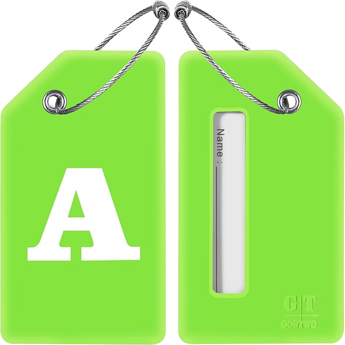 Gostwo 2 Pack Silicone Luggage Tags for Suitcases, 26 Initial Letter Baggage Labels Handbag School Bag Suitcase Instrument Tag with Stainless Steel Loop(Green)(Letter A)