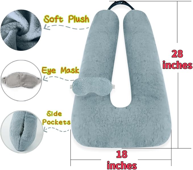 Sexysamba Travel Pillow with Sleep Mask Set Car Pillow Kids Travel Pillow for Sleeping U Shaped Car Seat Pillow Head Neck Body Support for Kids and Adults Road Trip Accessories,Grey
