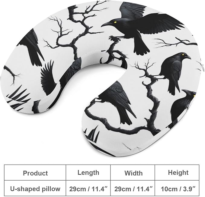 Kids Washable U-Shaped Travel Pillow Neck Support, Black Crow Raven Bird On Tree Branch Camo U-Shape, Airplane Car Nap Chin Cushion