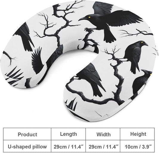 Kids Washable U-Shaped Travel Pillow Neck Support, Black Crow Raven Bird On Tree Branch Camo U-Shape, Airplane Car Nap Chin Cushion