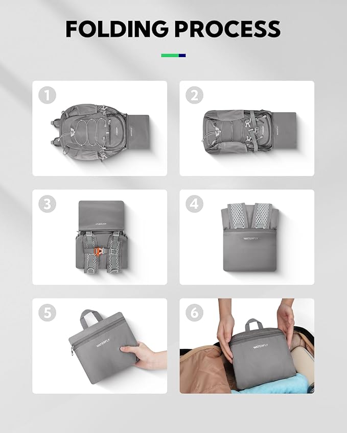 WATERFLY Small Lightweight Packable Backpack: 15L Mini Ultra Light Foldable Travel Daypack with Breathable Shoulder Strap Outdoor Hiking Camping Day Pack for Women Men Gray