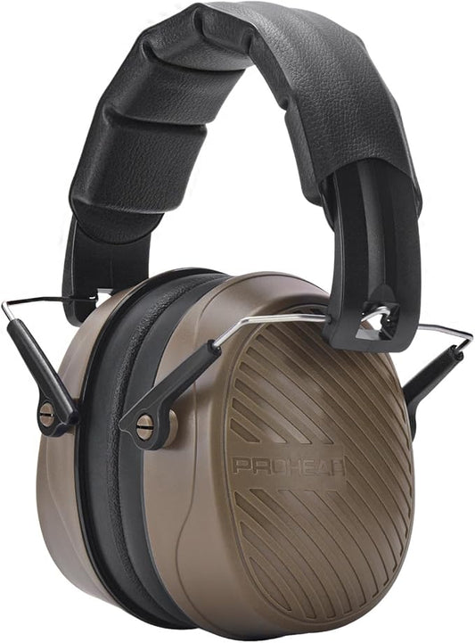 PROHEAR 038 Ear Protection Safety Earmuffs for Mowing, 28dB Noise Reduction Passive Hearing Protector, Compact Foldable Headset for Shooting Construction Power Tools, Brown