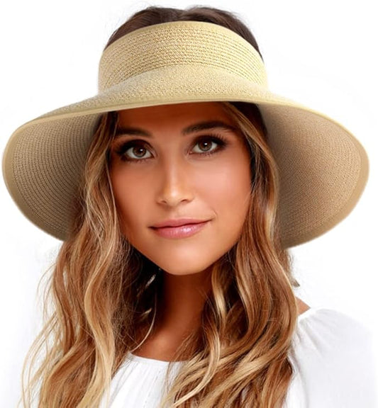 FURTALK Sun Hats for Women Wide Brim Beach Hat Straw Visor Ponytail Summer UV Packable Foldable Beach Vacation Essentials