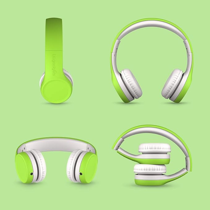 LilGadgets Connect+ Foldable Headphones, Adjustable Fit Soft Touch Padding for Kids with Mic, Volume-Limited & Noise Reduction On-Ear Wired Headset for School with SharePort - Green, Ages 3-14
