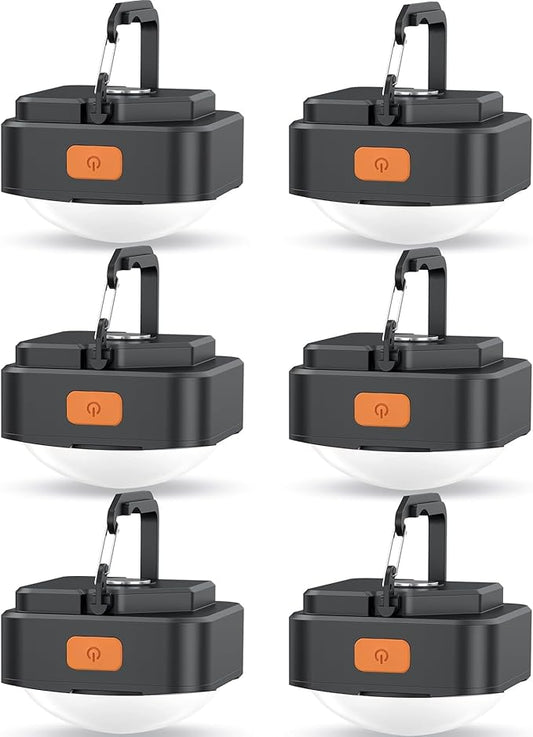 Rechargeable Camping Lights FLY2SKY 6Pcs Black Tent Lights Mini Flashlight Portable LED Camping Lantern Survival Gear Camping Accessories for Hiking Backpacking Fishing Hurricane Emergency Outage