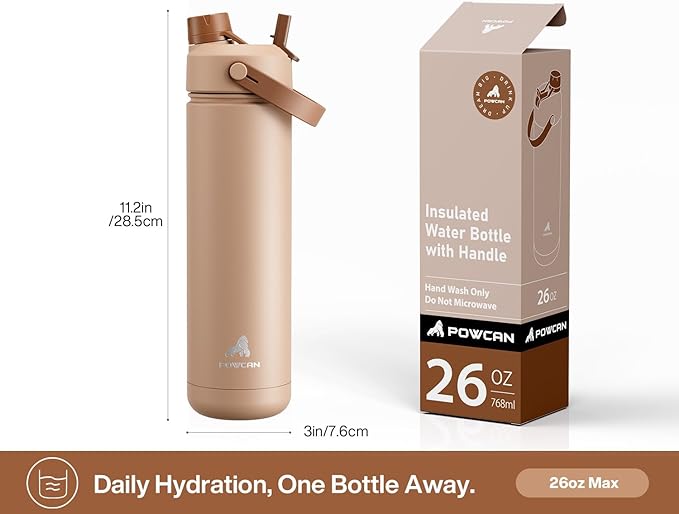 POWCAN 26 oz Insulated Water Bottle with 2-in-1 Straw and Spout Lid, Keep Cold 24H, Leak-Proof, Fits in Car Cup Holder, Stainless Steel Water Bottle for Sports, Travel, Gym, and School (Mocha)