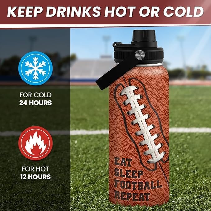 Football Water Bottle 32oz Insulated Stainless Steel Sports Bottle - Gift for Football Fans