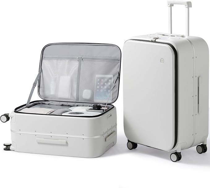 mixi 26 Inch Large Checked Luggage PC Hard Shell Suitcase Top Opening Aluminum Frame Travel Suitcases with Wheels, Smoke White