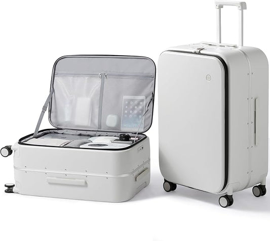 mixi 26 Inch Large Checked Luggage PC Hard Shell Suitcase Top Opening Aluminum Frame Travel Suitcases with Wheels, Smoke White