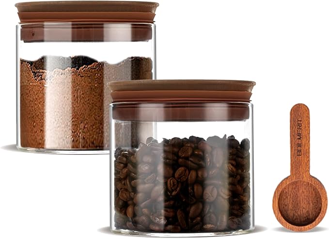 BOILMERIT 17 oz Coffee Canister with Scoop and Wooden Lids, Airtight Glass Coffee Beans Storage Container Sets of 2 for Ground Coffee,Food Storge Jars for Ground Coffee Bar Cereal Snack